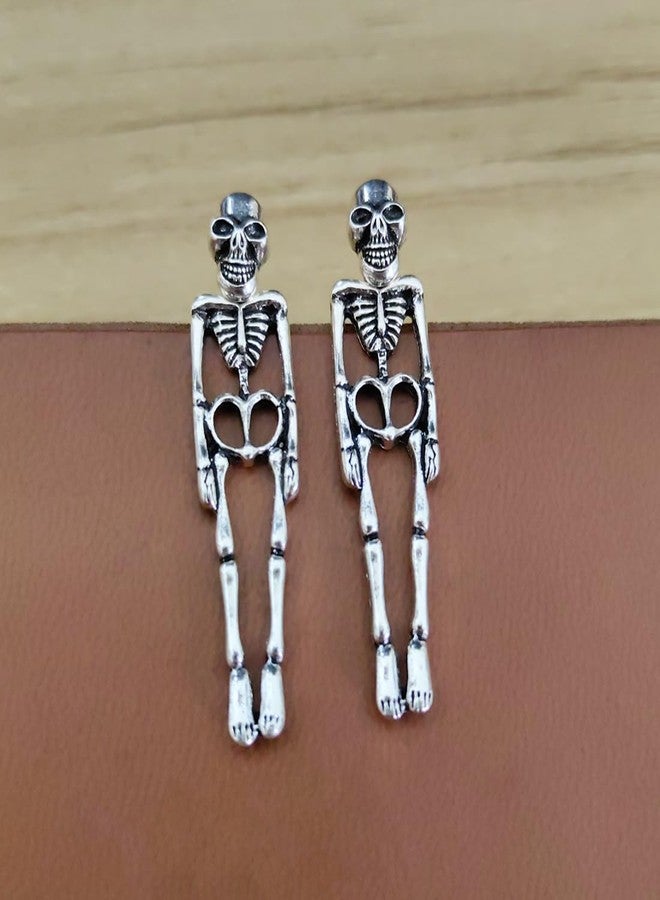 Meimimix Gothic Skull Earrings Punk Skeleton Groom Bride Front Back Stud Earrings Halloween for Women Girl (Silver) - Image 5